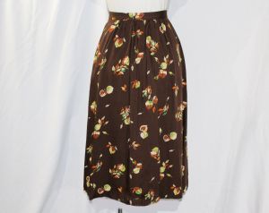 Size 00 Rayon Print Skirt - 1940s Inspired Cocoa Brown Orange Jade Green Autumn Leaves  - XXS 1990s - Fashionconstellate.com