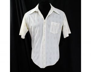 Men's XL 1960s Shirt - Casual Sheer White and Mocha Medallion Print - 60s Short Sleeve Mens Summer
