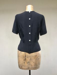 Vintage 1940s Black Rayon Blouse, Short Sleeve Back Button Top with Fagoting, Small-Medium 36'' Bust - Fashionconstellate.com