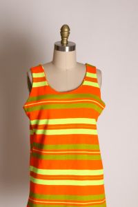 1960s Bright Neon Orange, Yellow and Green Striped Wide Strap Tank Top Blouse - L - Fashionconstellate.com