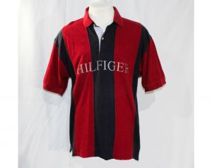 Men's Large 90s Tommy Hilfiger Polo Shirt - Brick Red Navy Blue Striped - Preppy 1990s Short Sleeved