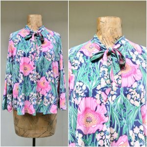 Vintage 1960s Nylon Floral Bed Jacket, William Morris Inspired Print, Mid Century Loungewear, Medium