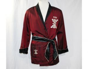 Men's Small Smoking Jacket 1950s Asian Maroon Red Sharkskin Robe with Black Trim - 50s Lounge
