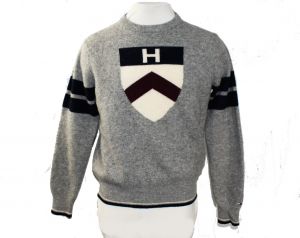 Men's Large Tommy Hilfiger Sweater Gray Lamb's Wool Pullover with Retro H Crest Navy Blue Aubergine