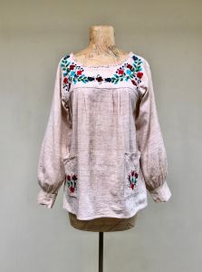 Vintage 1960s Mexican Peasant Top, Floral Embroidered Boho Smock, Rustic Natural Woven Cotton Blouse - Fashionconstellate.com