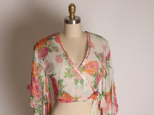 1970s White, Pink, Orange & Green Half Sleeve Angel Wing Draped Sleeve Wrap Crop Top Blouse - XXS - Fashionconstellate.com
