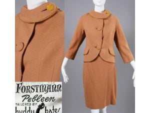 Vintage 1950s Tan Wool Tweed Suit Jacket & Skirt Set Separates by Forstmann | S/M