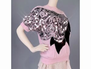 Vintage 1980s Great Directions Pink Leopard Glitter Sparkle Oversize Batwing Tee Shirt | OS