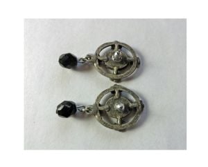 Vintage Victorian Style Oval Earrings Seed Pearls Enamel Black Crystal Drop Open Work Flowers - Fashionconstellate.com