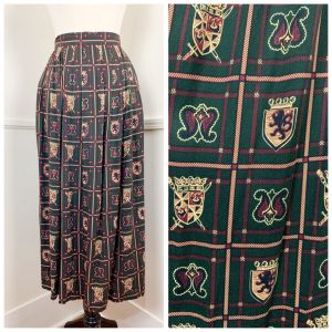 Vintage 1980's Heraldic Print Pleated Skirt | London Fog | Rayon | Size 12 | Waist 30''