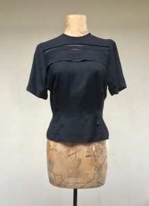 Vintage 1940s Black Rayon Blouse, Short Sleeve Back Button Top with Fagoting, Small-Medium 36'' Bust