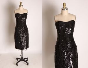 Late 1970s Early 1980s Black Sequin Strapless Formal Prom Cocktail Dress by Positively Ellyn - S/M