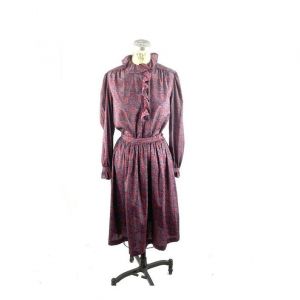 1980 Paisley blouse and skirt set ruffled high neck puff sleeves burgundy and blue by prestige 