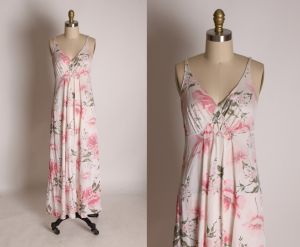1970s Off White and Pink Sleeveless Deep V Floral Full Length Lingerie Nightgown - XS