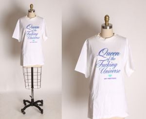 1980s 1990s White Cotton Short Sleeve Novelty Graphic Phrase Queen of the Fucking Universe T Shirt