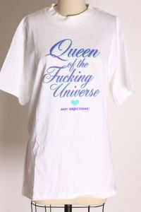 1980s 1990s White Cotton Short Sleeve Novelty Graphic Phrase Queen of the Fucking Universe T Shirt - Fashionconstellate.com