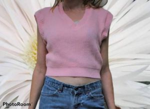 S-M/ 70’s Light Pink Cropped Sweater Vest, Open Knit Crop Top, Vintage Short Sleeve Sweater Shirt 