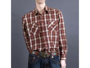 Vintage 1970s Western Plaid Shirt Pearl Snap Buttons Cowboy Rockabilly | L