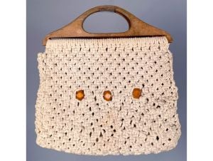 Vintage 1970s Ivory Macrame Wood Bead Top Handle Clutch Purse Handbag