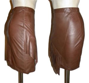 Y2K Brown Leather Asymmetrical FRINGE Skirt | Tight Fit Above Knee Pencil Skirt made Germany - Fashionconstellate.com