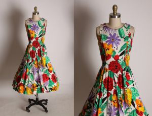 1980s Does 1950s Multi-Colored Red, Green, Purple & Orange Floral Tropical Sleeveless Fit and Flare