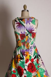 1980s Does 1950s Multi-Colored Red, Green, Purple & Orange Floral Tropical Sleeveless Fit and Flare - Fashionconstellate.com