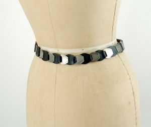 1970s leather and brass belt etched metal discs alternating with black leather links. Size S 26-29 - Fashionconstellate.com