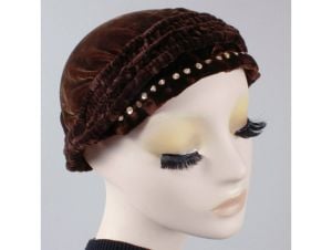 Vintage 1910s Brown-Black Velvet Beret Cloche Hat Ruched w/ Sequin Antique