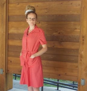 M/ Vintage Coral Button Up Top w/ Skirt & Sash, 60’s Pink Day Dress, 2 Piece Set, Vintage Uniform