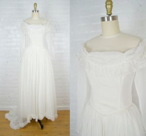 Emma Domb 1940s wedding dress . vintage 40s modest wedding gown with train and long sleeves . small