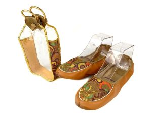 Vintage 60s Psychedelic Hostess Metallic Slipper House Shoes w/ Travel Case | Size 7-8