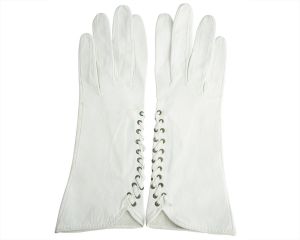 Vintage Ladies White Kid Leather Gloves w Side Laces