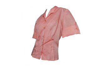 Vintage 1950s Shimmery Cold Rayon Pink Shirt Short Sleeve Rockabilly Secretary Blouse | 39'' Bust - Fashionconstellate.com