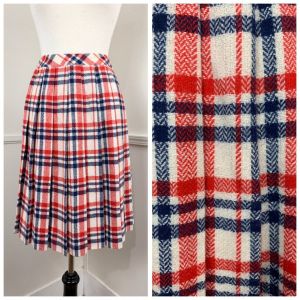 Medium | 1980's Vintage Red, White and Blue Plaid Pleated Skirt