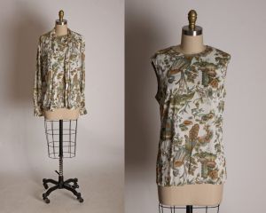 1970s Polyester Novelty Chinese Peacock Vase Print Sleeveless Blouse w/Matching Long Sleeve Blouse