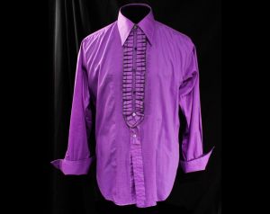 XL Men's 1970s Tuxedo Shirt - Disco 70s Prom King Mens Purple Tux Formal Wear with Optional Ruffle