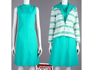 Vintage 1960s Montgomery Ward Turquoise Dress + Jacket Set Mid Century MCM 60s | XS/S