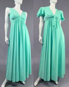 Vintage 1970s Mint Green Maxi Goddess Dress Cocktail Cape Sleeve Bolero Set | S/M - Fashionconstellate.com