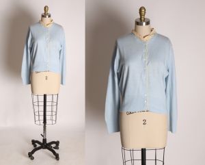 1950s Light Blue Long Sleeve Cream Lace Collar Sweater Cardigan - XL
