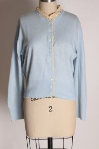 1950s Light Blue Long Sleeve Cream Lace Collar Sweater Cardigan - XL - Fashionconstellate.com