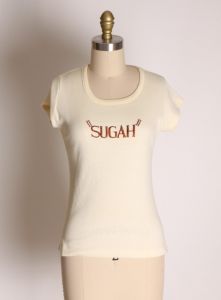 1970s Cream and Brown Phrase Sugar Sugah T Shirt by T-Jons - XS - Fashionconstellate.com