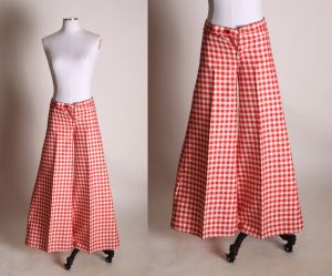 1970s Red and White Plaid Gingham Full Length Mid Rise Wide Bell Bottom Pants - S/M