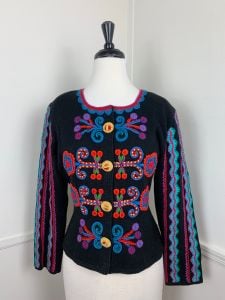 1997 Vintage Black Multi-Colored Embellished Cardigan by Michael Simon | Size Petite Small | Bust 40