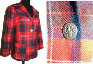 70s Red Plaid Tartan Jacket Wide Notched Collar MOD Punk Blazer - XXS to S