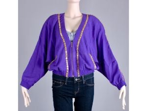 Vintage 1980s Loose Hanasport Urban Shirt Batwing Dolman Purple Gold Crop Jacket | S/M