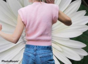 S-M/ 70’s Light Pink Cropped Sweater Vest, Open Knit Crop Top, Vintage Short Sleeve Sweater Shirt  - Fashionconstellate.com
