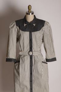 1980s Gray and White Striped 3/4 Length Sleeve Western Southwestern Cowgirl Style Pocketed Dress - Fashionconstellate.com