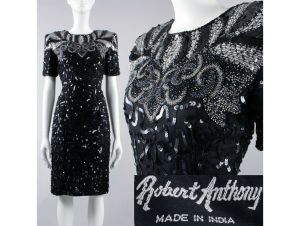 Vintage 80s Robert Anthony Black Silk Sequin Sparkle Party Cocktail Dress | S/M 4
