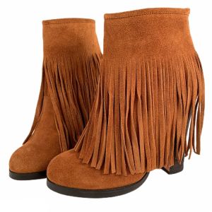 8.5 N.Y.L.A. Gravano Cognac Leather FRINGE Bootie Heel Ankle Boots 38 in Box - Fashionconstellate.com