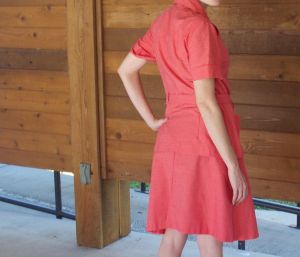 M/ Vintage Coral Button Up Top w/ Skirt & Sash, 60’s Pink Day Dress, 2 Piece Set, Vintage Uniform - Fashionconstellate.com
